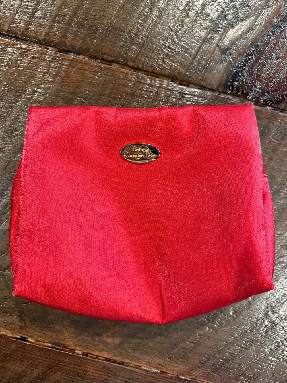 Christian Dior Red Satin Cosmetic Pouch with Gold Plaque